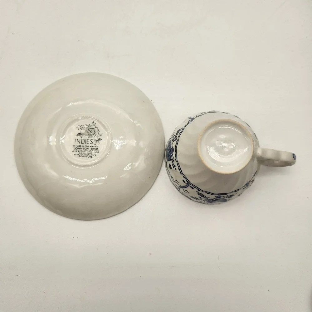 Johnson Brothers Indies Blue Ironstone Cup and Saucer Set Made in England Floral - Picture 9 of 11